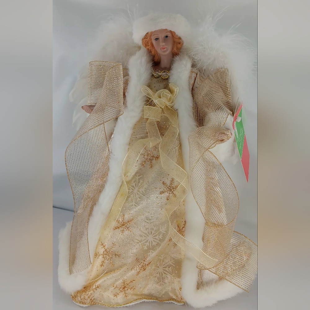 Gold Angel Tree Topper with White Faux Fur And Feathered Wings